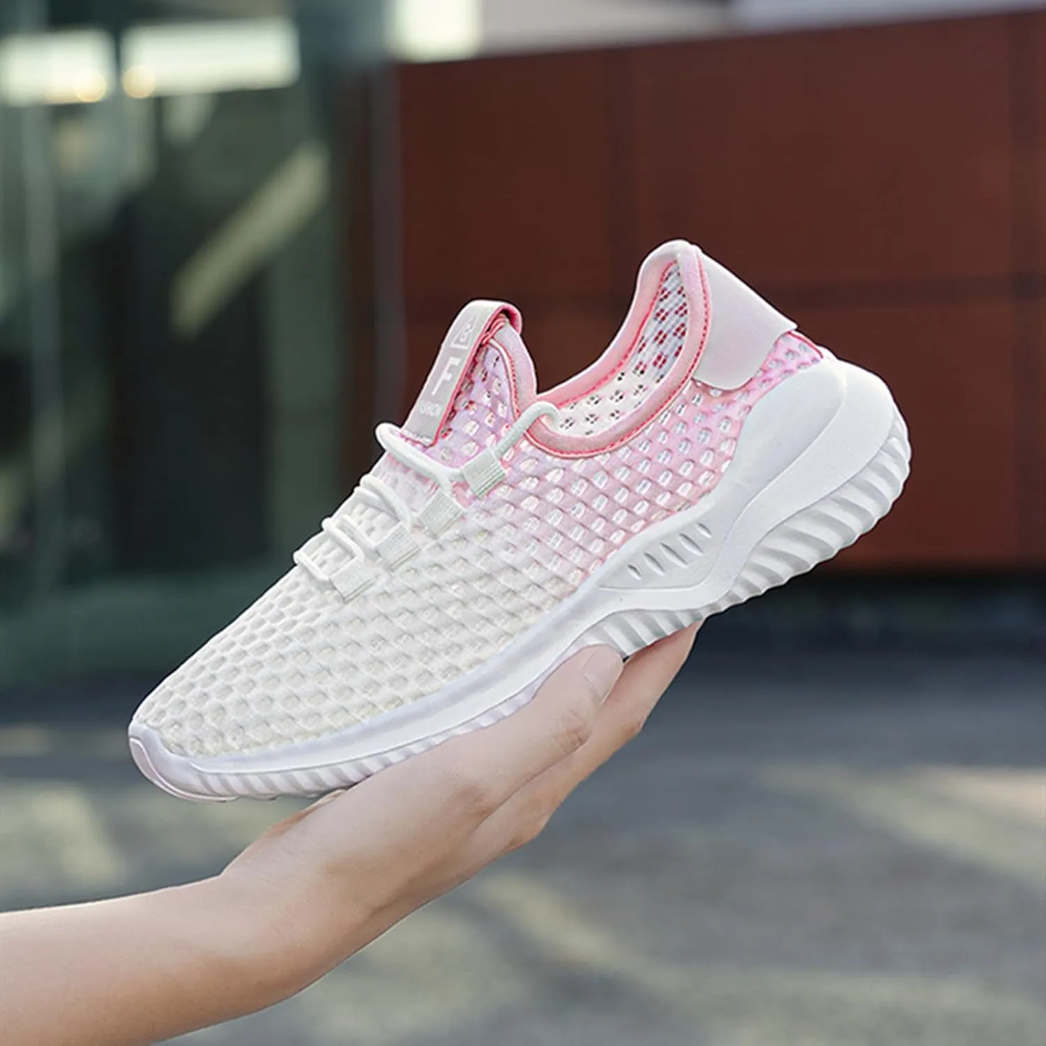 HINDOLA Women Mesh Walking Sneakers Slip on Fashion Breathable Comfortable Lace Up Tennis Lightweight Quick Drying Sports Shoes