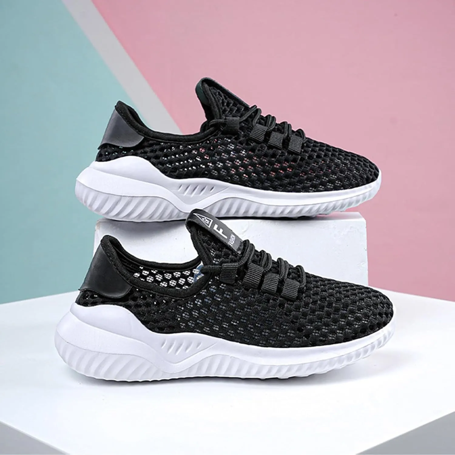 HINDOLA Women Mesh Walking Sneakers Slip on Fashion Breathable Comfortable Lace Up Tennis Lightweight Quick Drying Sports Shoes