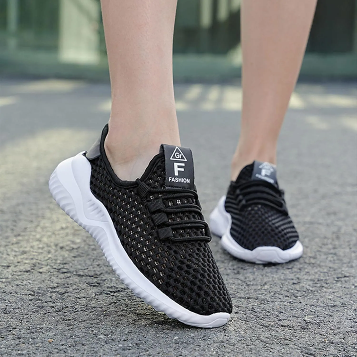 HINDOLA Women Mesh Walking Sneakers Slip on Fashion Breathable Comfortable Lace Up Tennis Lightweight Quick Drying Sports Shoes