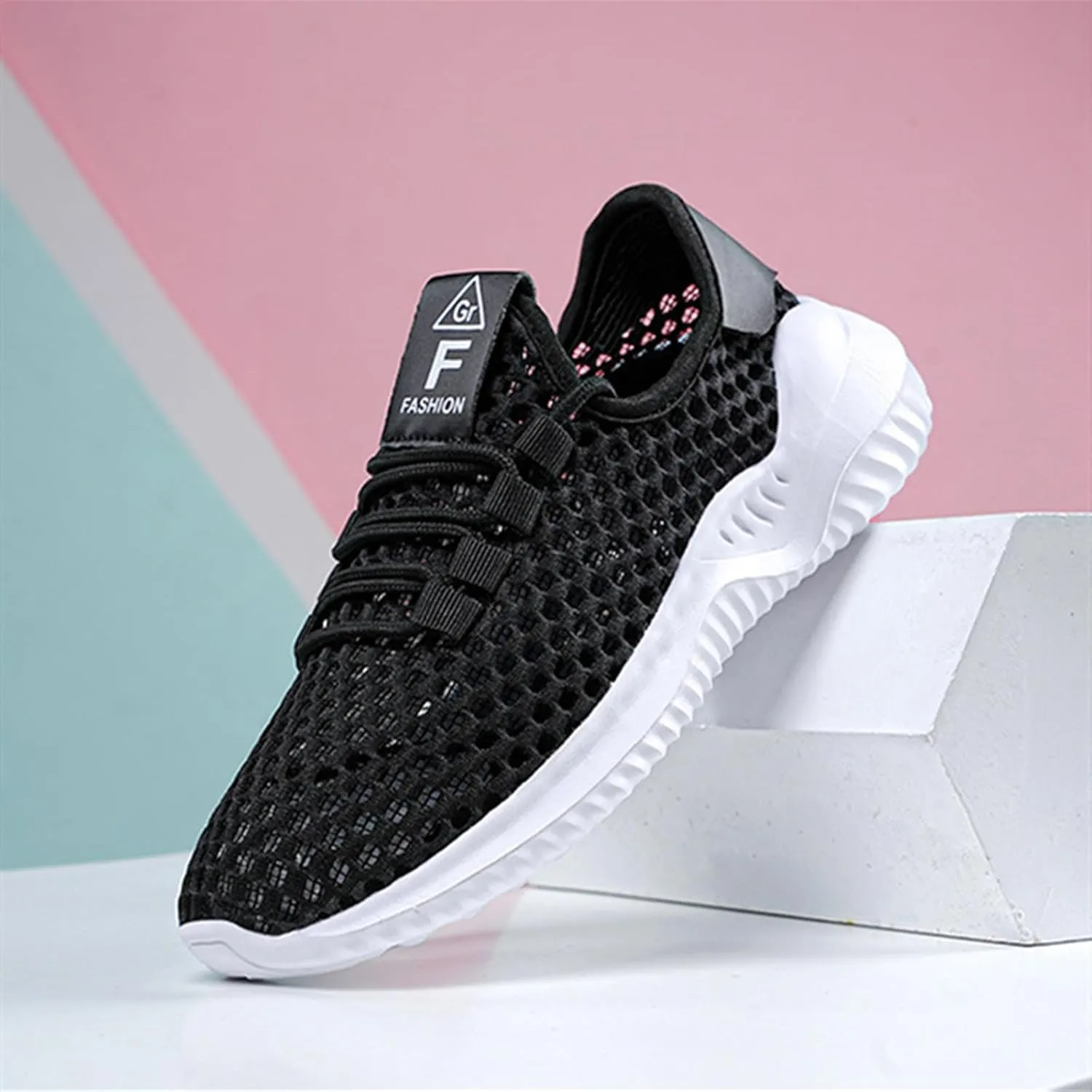 HINDOLA Women Mesh Walking Sneakers Slip on Fashion Breathable Comfortable Lace Up Tennis Lightweight Quick Drying Sports Shoes