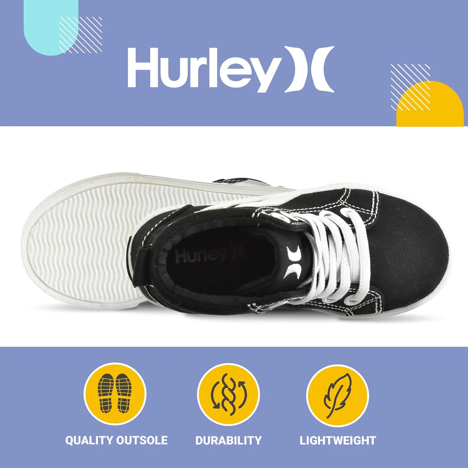 Hurley Kids Toddlers Elastic Laces Canvas Sneakers  High Cut Skateboarding Shoes for Toddlers and Little Kids, Sports Shoes for Boys and Girls, Sports Shoes for School Tate