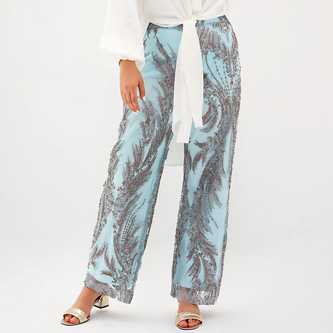 Ice blue embroidered tulle pants