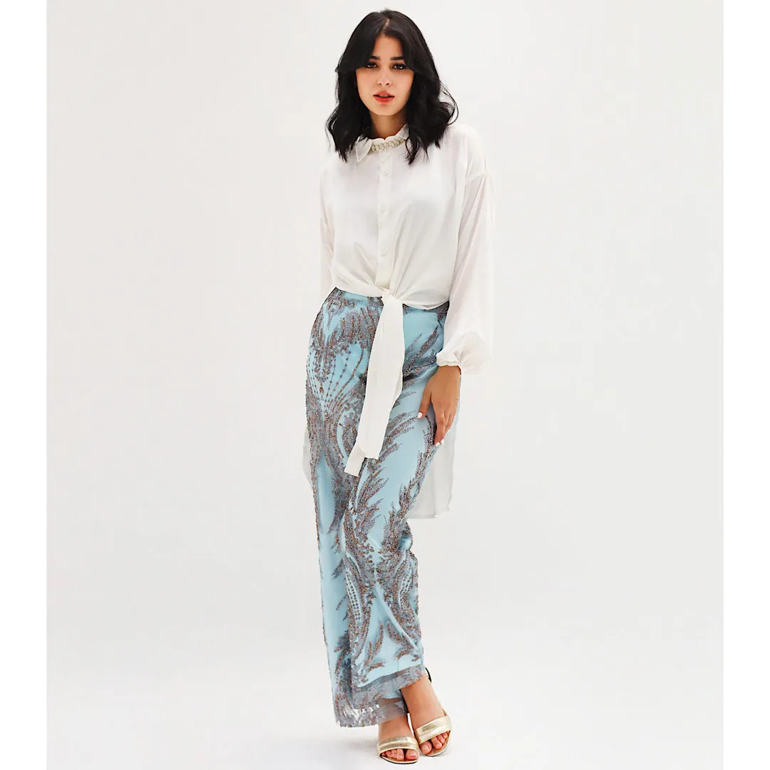 Ice blue embroidered tulle pants