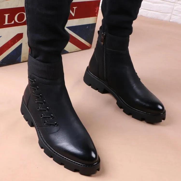 Italian Designer Men's Leather Cowboy Boots - Black Ankle Platform Shoes for Autumn/Winter