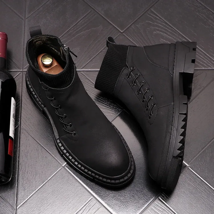 Italian Designer Men's Leather Cowboy Boots - Black Ankle Platform Shoes for Autumn/Winter