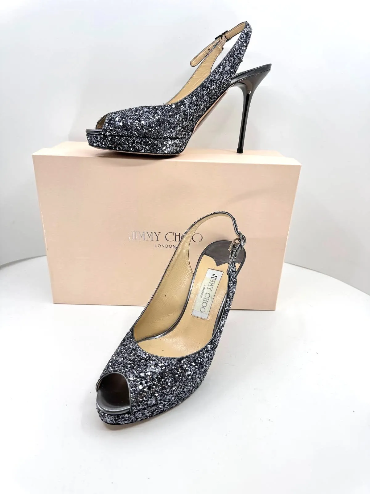 JIMMY CHOO METALLIC GLITTER CLUE PEEP TOE SLINGBACK PUMPS
