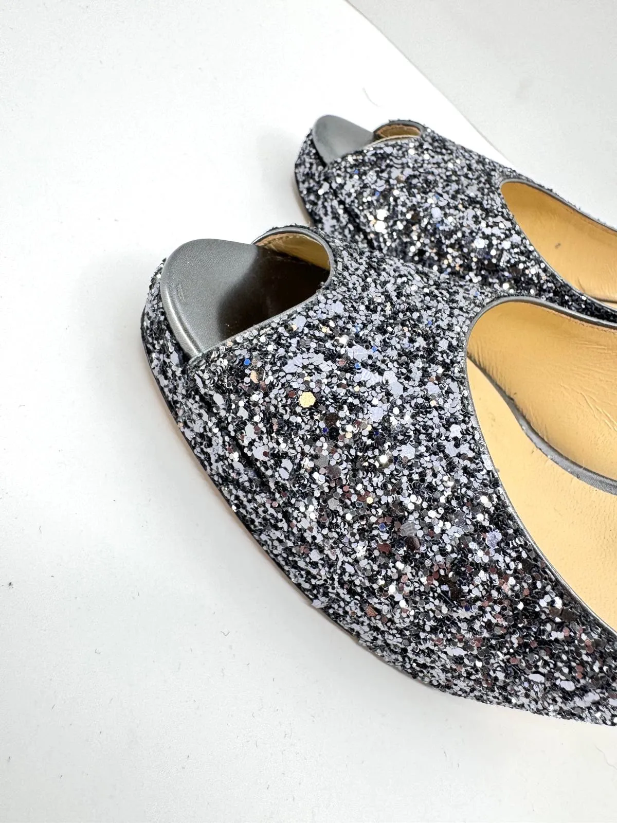 JIMMY CHOO METALLIC GLITTER CLUE PEEP TOE SLINGBACK PUMPS