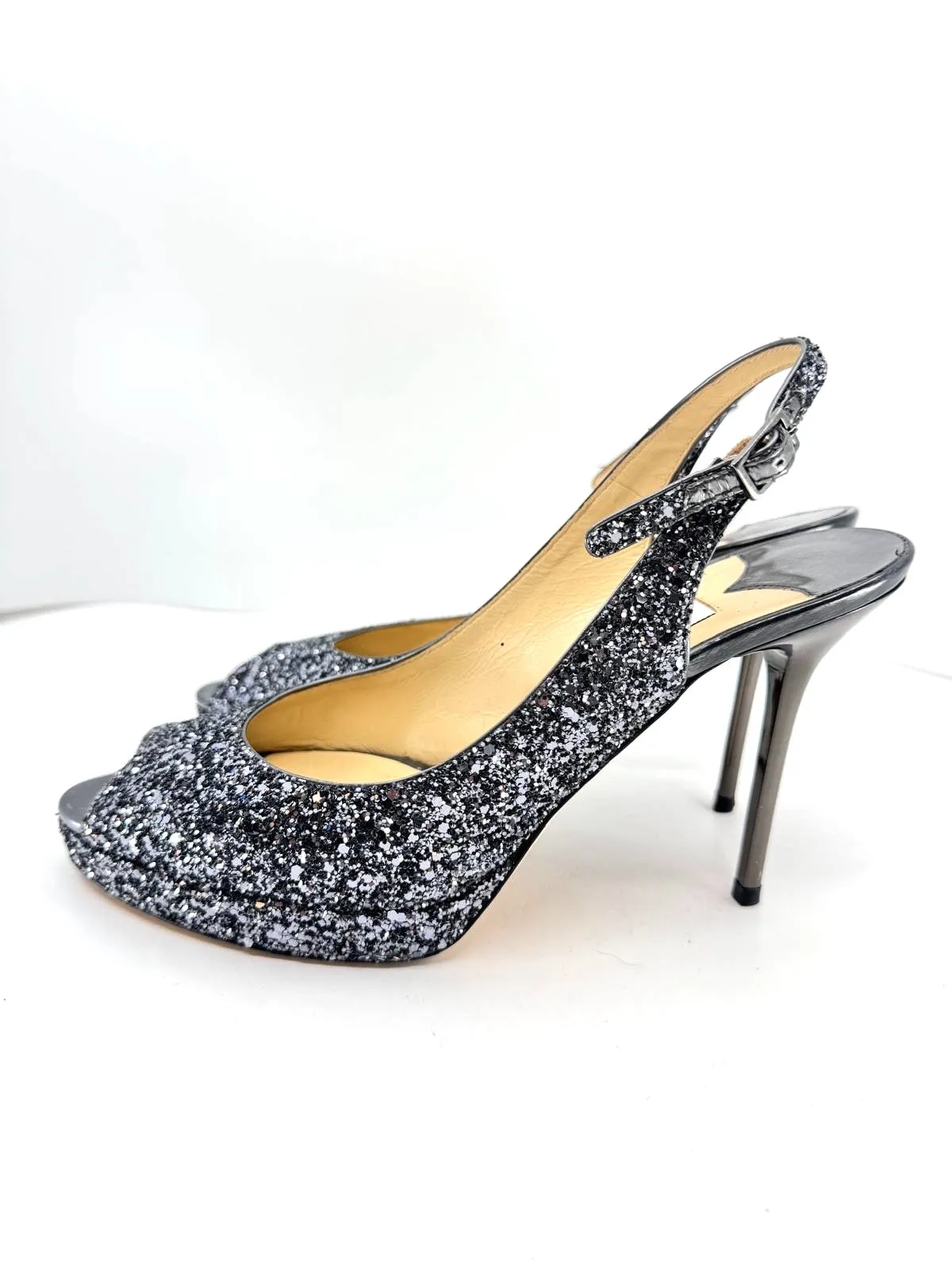 JIMMY CHOO METALLIC GLITTER CLUE PEEP TOE SLINGBACK PUMPS