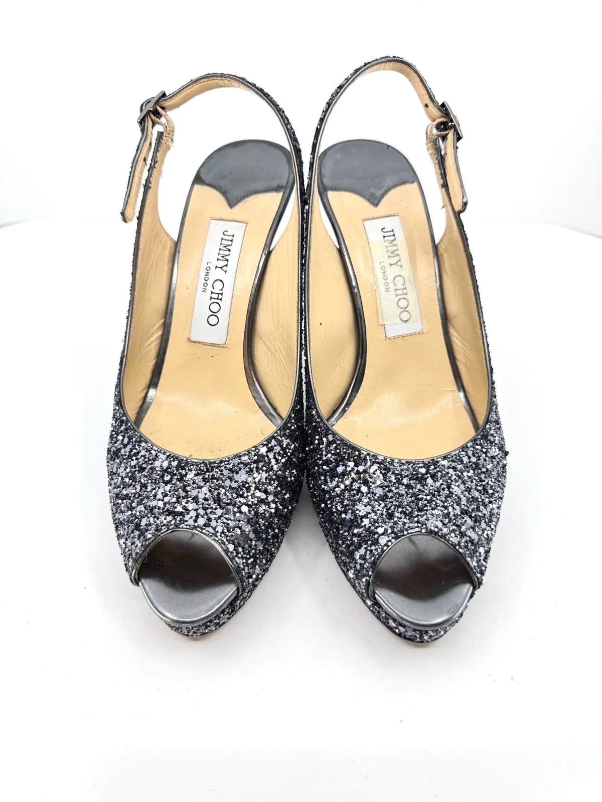 JIMMY CHOO METALLIC GLITTER CLUE PEEP TOE SLINGBACK PUMPS