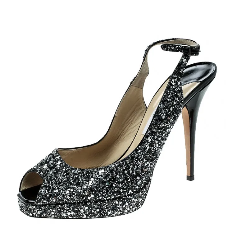 JIMMY CHOO METALLIC GLITTER CLUE PEEP TOE SLINGBACK PUMPS