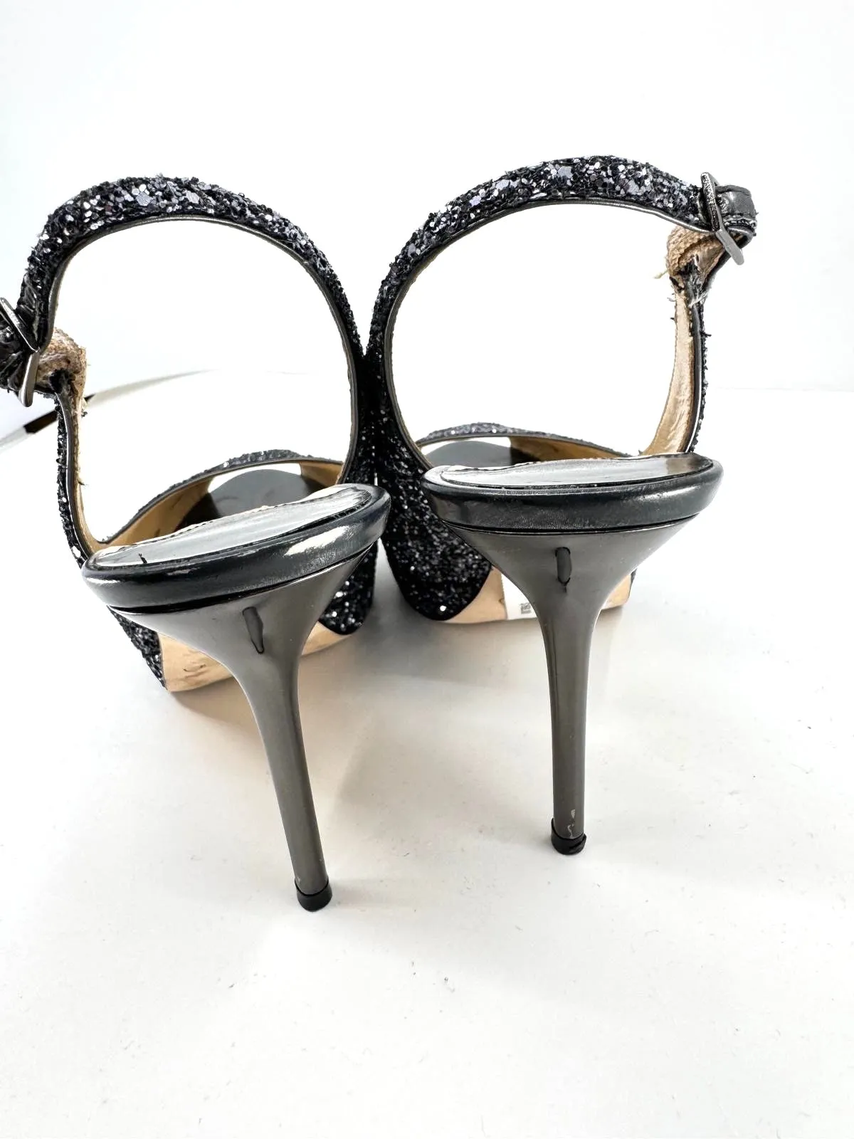 JIMMY CHOO METALLIC GLITTER CLUE PEEP TOE SLINGBACK PUMPS