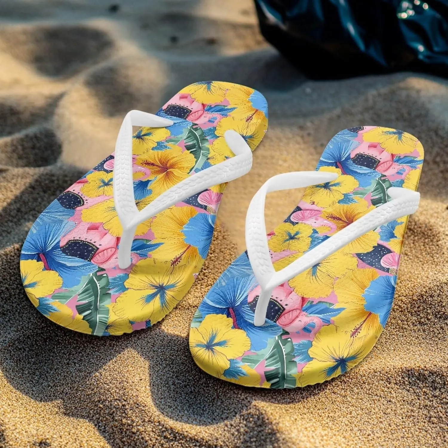 JoyLamoria Tropical Flower Print Sandals Women Butterfly Summer Lightweight Flip Flops Shock-Absorbing for Walking All-Day Comfort