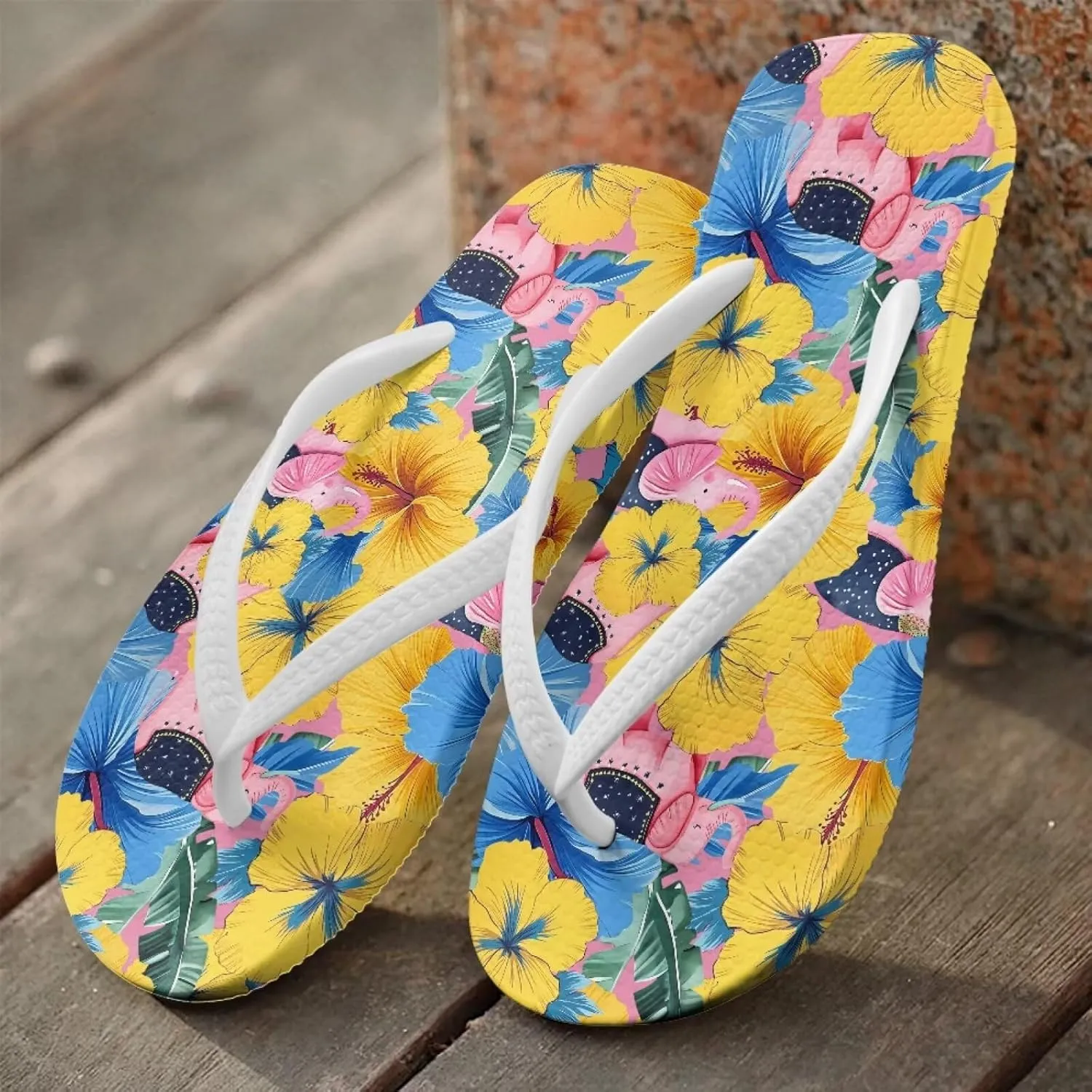 JoyLamoria Tropical Flower Print Sandals Women Butterfly Summer Lightweight Flip Flops Shock-Absorbing for Walking All-Day Comfort