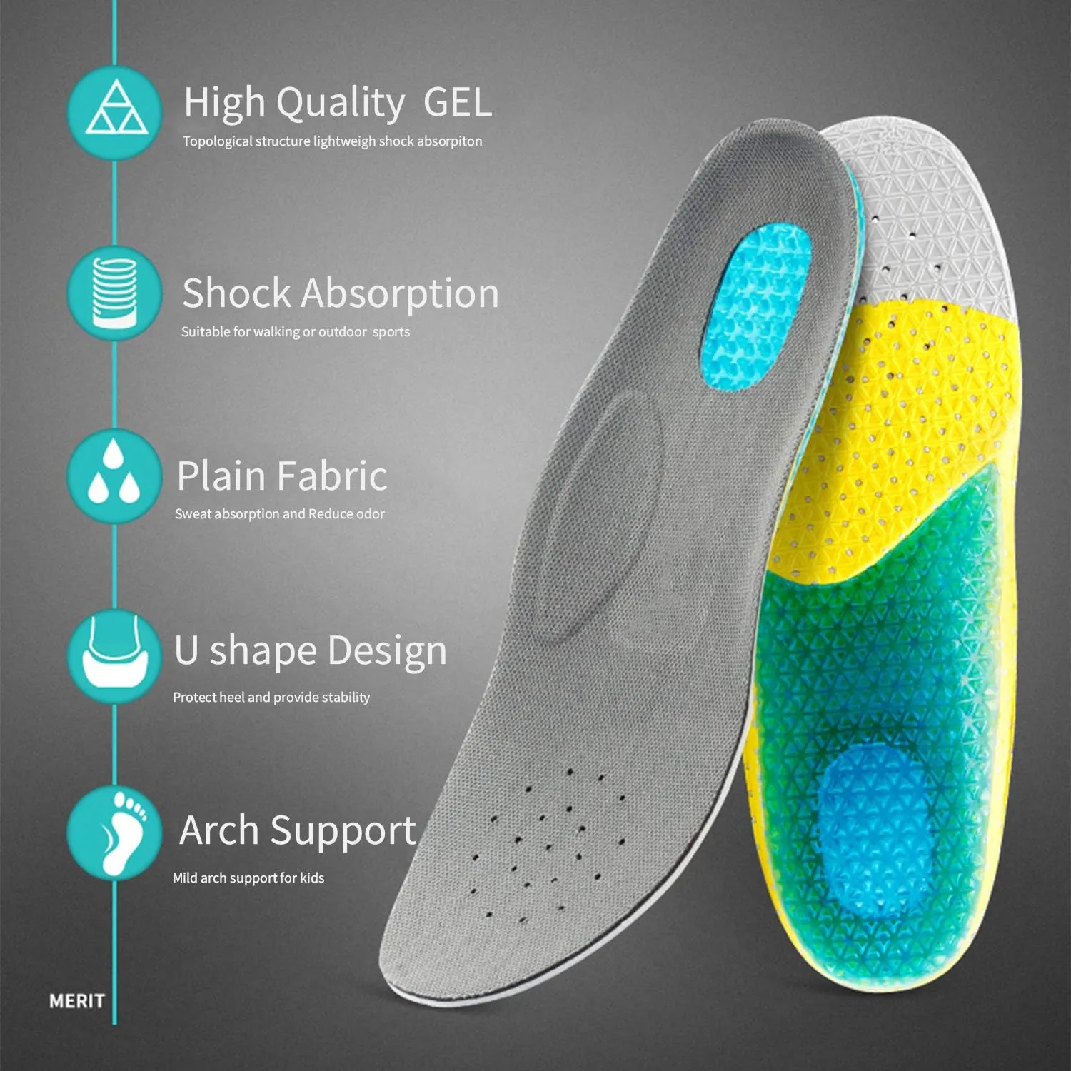 Kids Running Gel Insoles Kids Shock Absorbing Arch Support Insoles Good Feet Step Aid Little Kid US 2-3 (8 1/8-8 1/2)