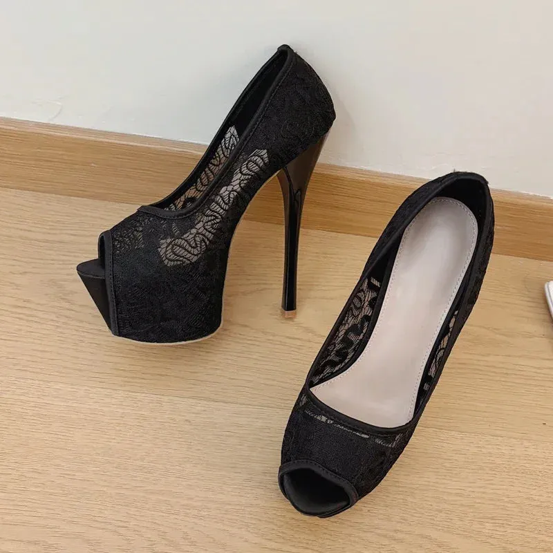 Lace Mesh Peep Toe High Stiletto Heels Shoes