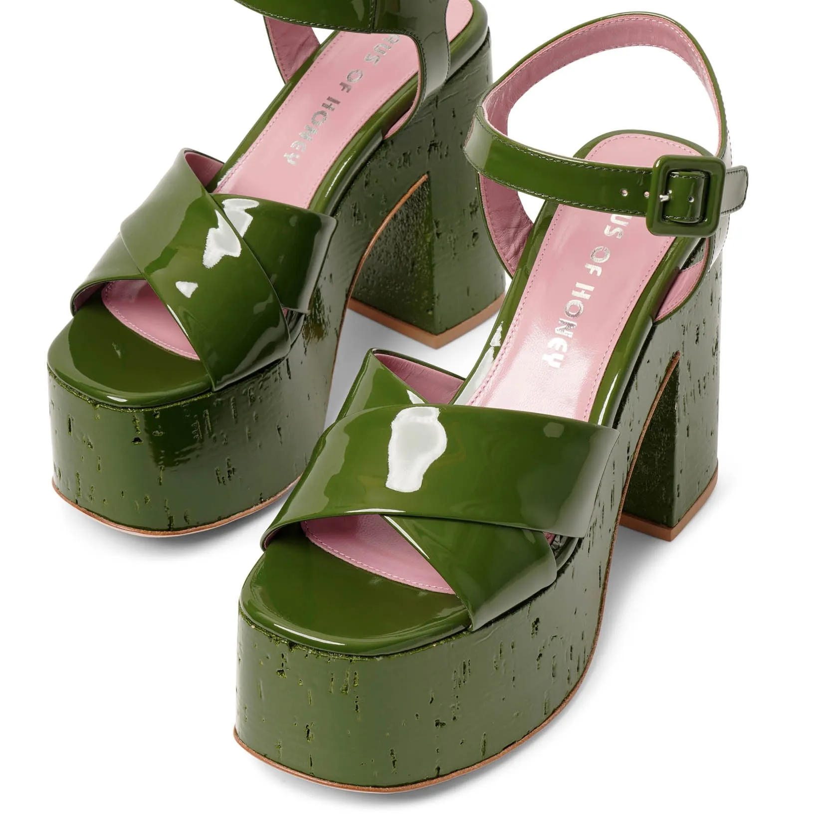 Lacquer Doll dark green patent platform sandals