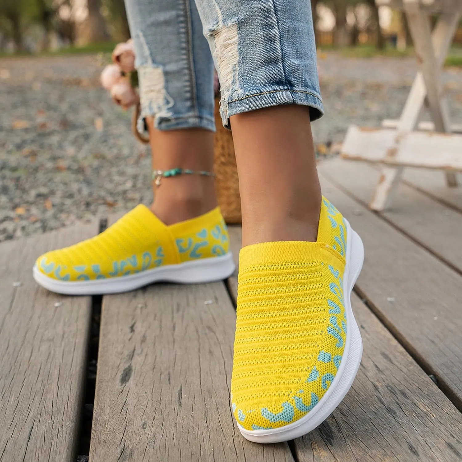 Ladies Fashion Leopard Print Color Block Breathable Mesh Knitted Flat Bottomed Casual Sports Shoes Sneaker Women Shoes