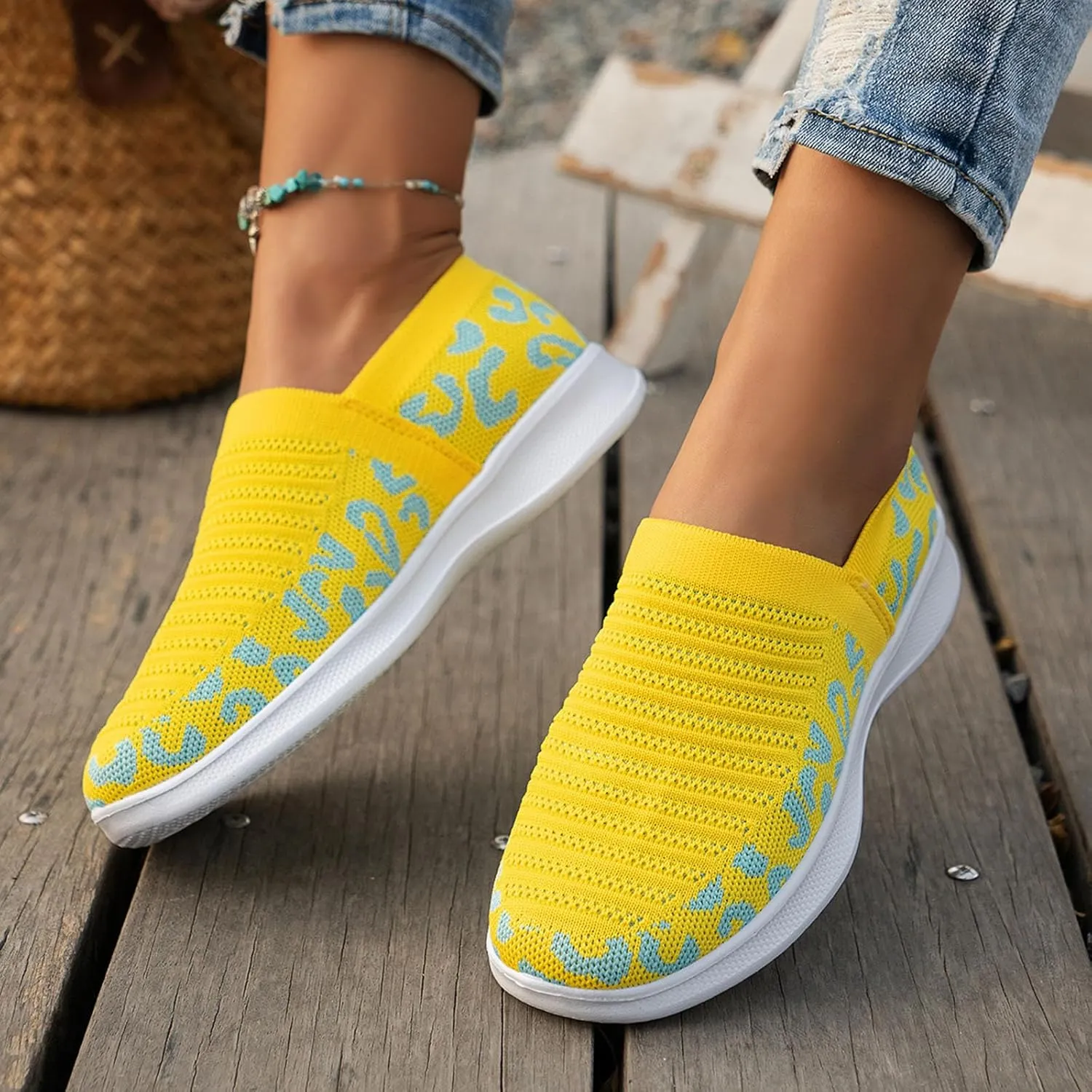 Ladies Fashion Leopard Print Color Block Breathable Mesh Knitted Flat Bottomed Casual Sports Shoes Sneaker Women Shoes