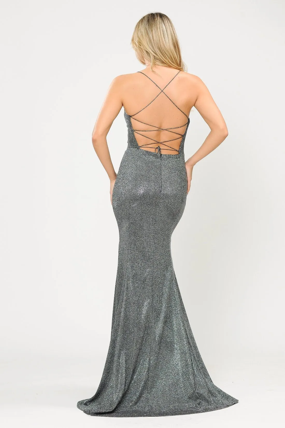 Long Glitter Mermaid Dress with Open Back by Poly USA 8666