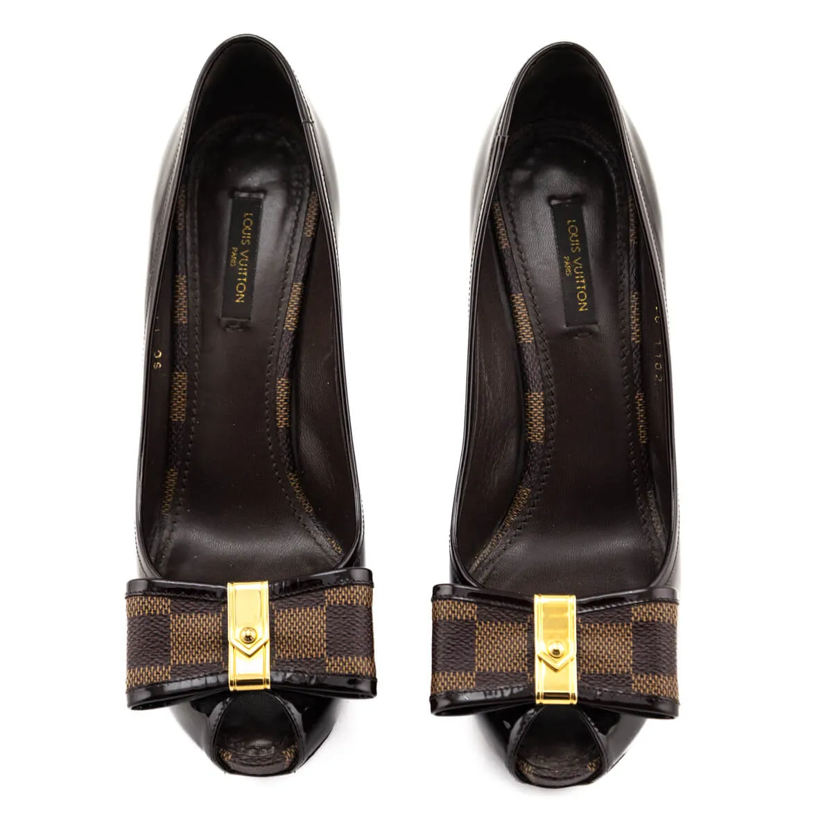 Louis Vuitton Damier Ebene Bow Platform Peep Toe Pumps Size US 7.5 | IT 37.5