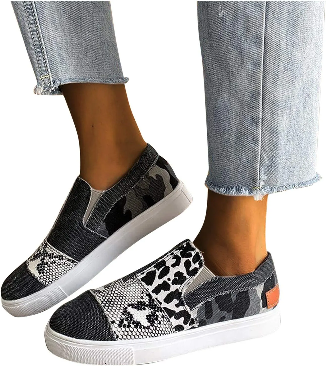 Masbird Sneakers for Women Canvas Shoes Round Toe Platform Casual Slip-On Color Blocking Loafers Running Shoes Black