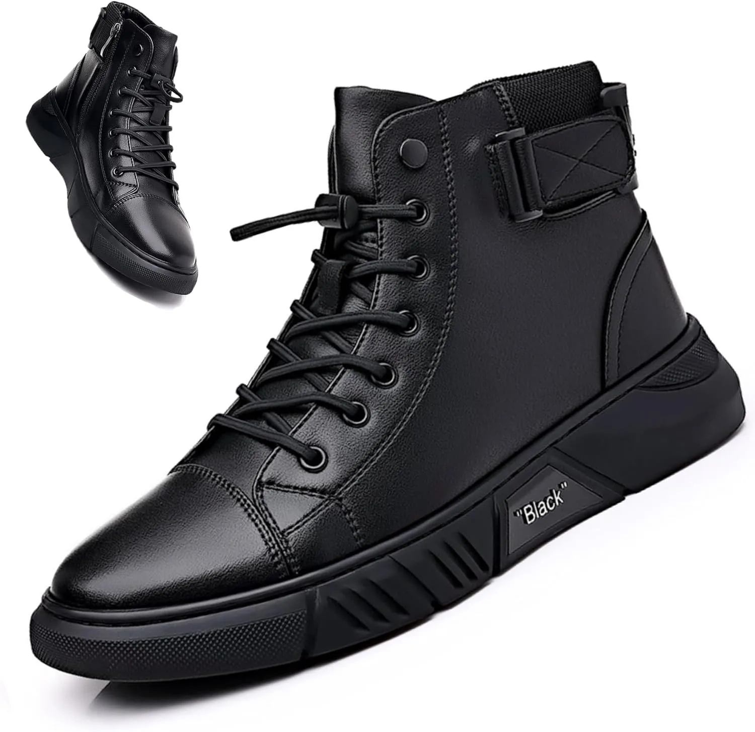 Men Casual Ltalian High-top Real Leather Boots Round Toe Side Zipper Fur Lined Warm Black Chukka Ankle Booties Shock-absorbing Softsole Business Shoe
