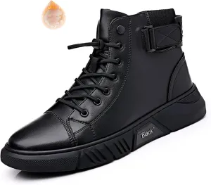 Men Casual Ltalian High-top Real Leather Boots Round Toe Side Zipper Fur Lined Warm Black Chukka Ankle Booties Shock-absorbing Softsole Business Shoe