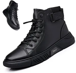 Men Casual Ltalian High-top Real Leather Boots Round Toe Side Zipper Fur Lined Warm Black Chukka Ankle Booties Shock-absorbing Softsole Business Shoe