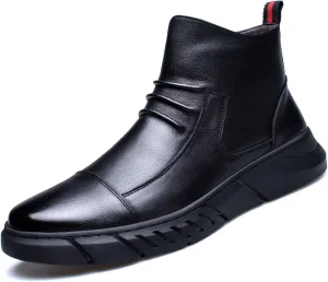 Men's Ltalian High-Top Black Real Leather Chukka Boots Casual Side Zipper Non-Slip Waterproof Shock-absorbing Chelsea Ankle Booties Warm Busines Dress