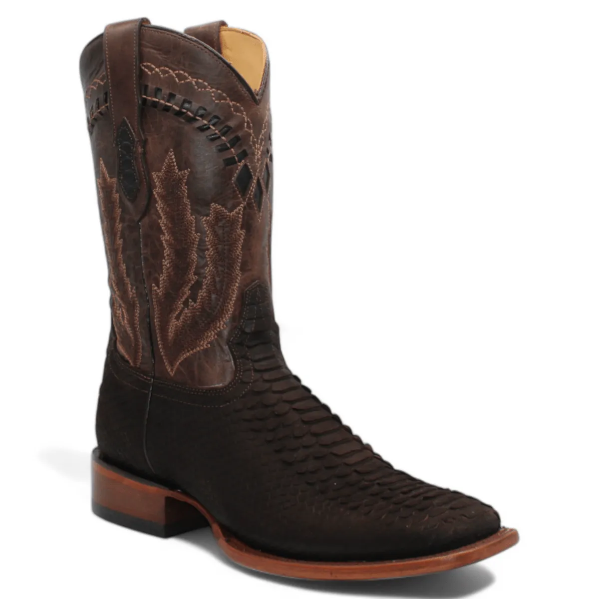 Men's Python Print Square Toe Boots - Chocolate