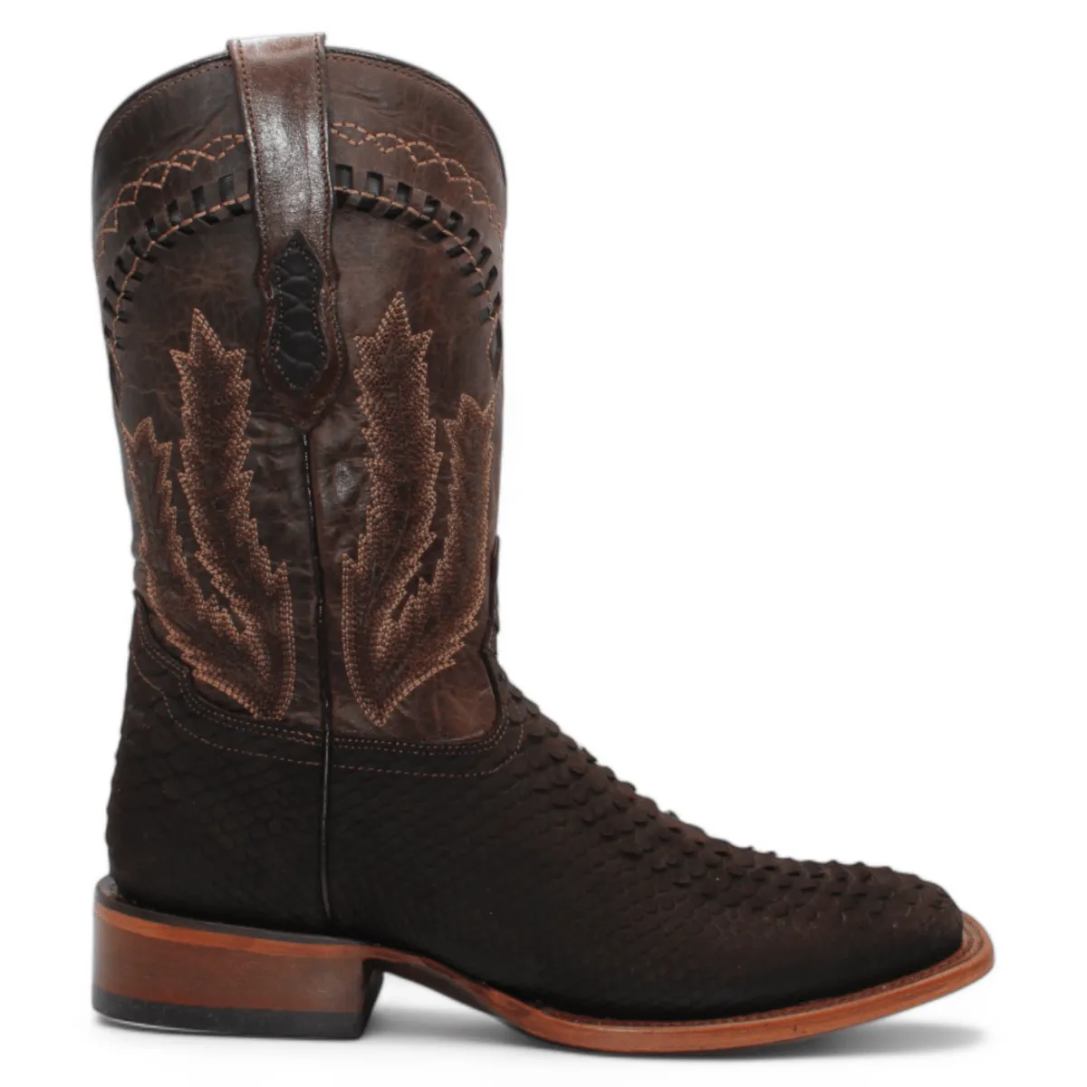 Men's Python Print Square Toe Boots - Chocolate