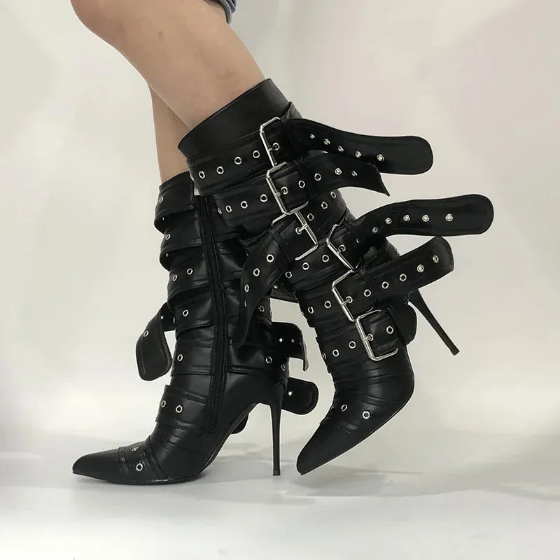 Mid-Calf Buckle Strap Stiletto Boots