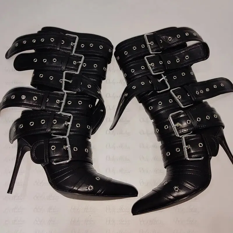 Mid-Calf Buckle Strap Stiletto Boots