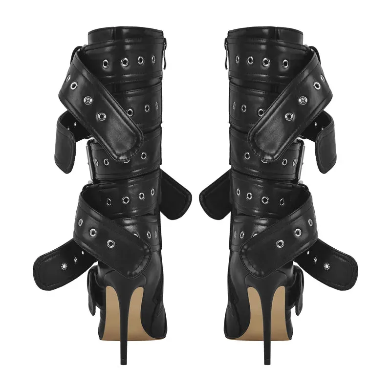 Mid-Calf Buckle Strap Stiletto Boots