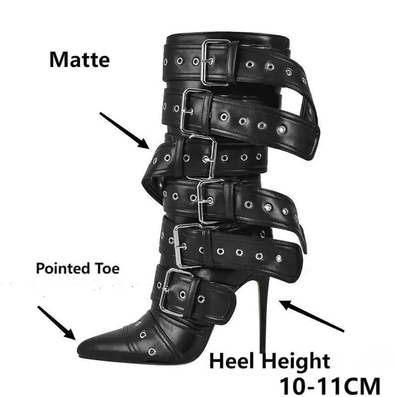 Mid-Calf Buckle Strap Stiletto Boots