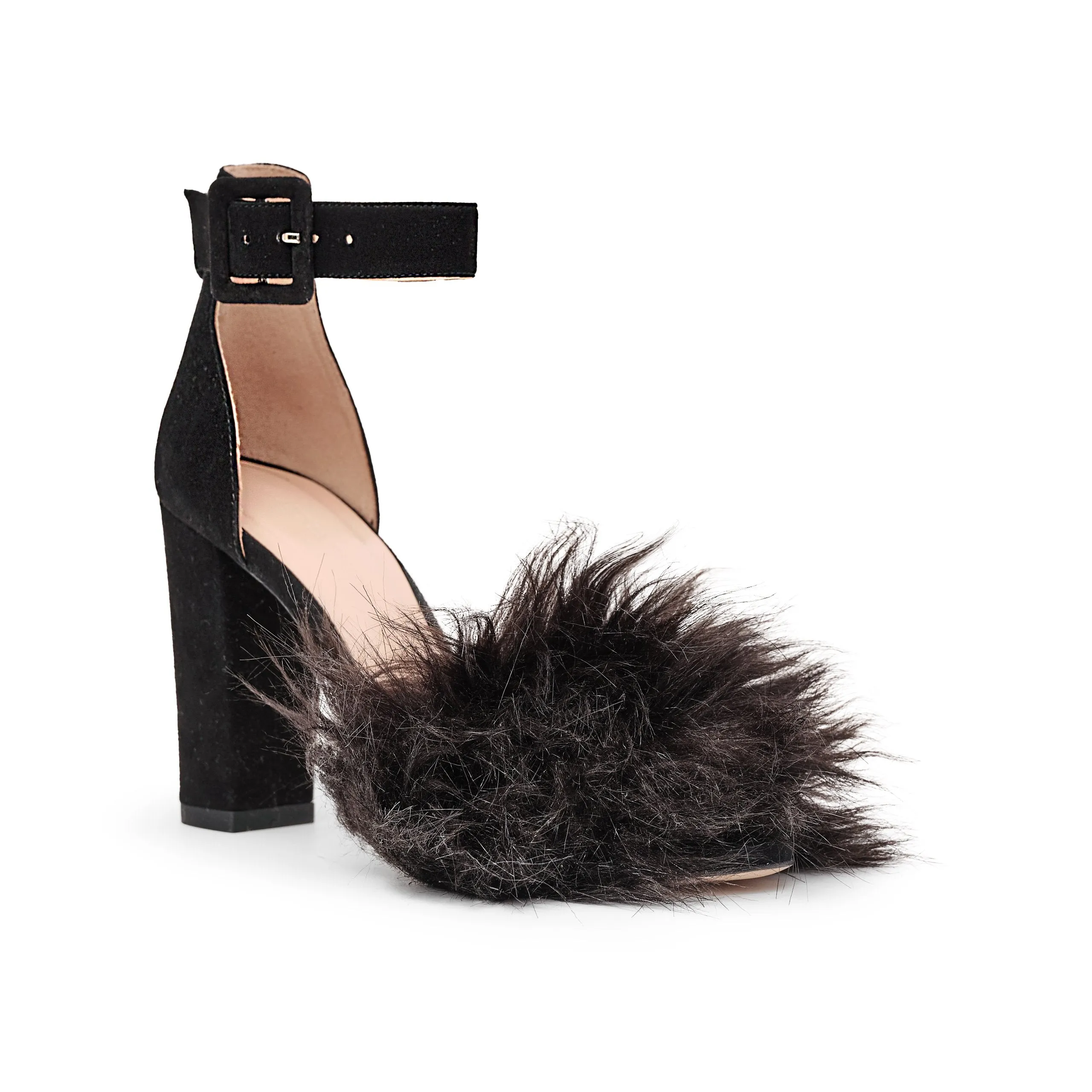 Naomi Block Heel Pumps with Faux Fur in Black