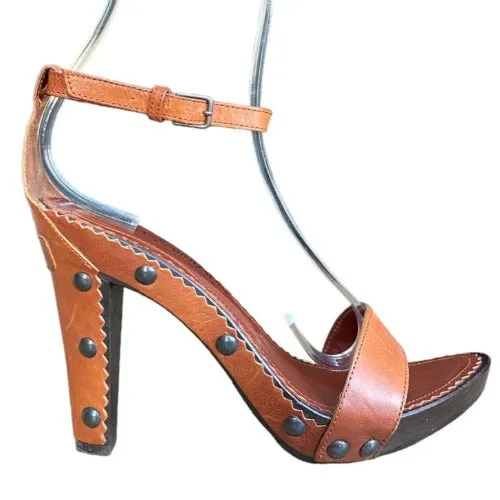 NEW YVES SAINT LAURENT Brown Leather, Studded, Ankle Strap Wooden Sandal Size 37
