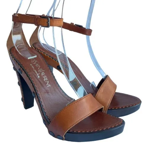 NEW YVES SAINT LAURENT Brown Leather, Studded, Ankle Strap Wooden Sandal Size 37