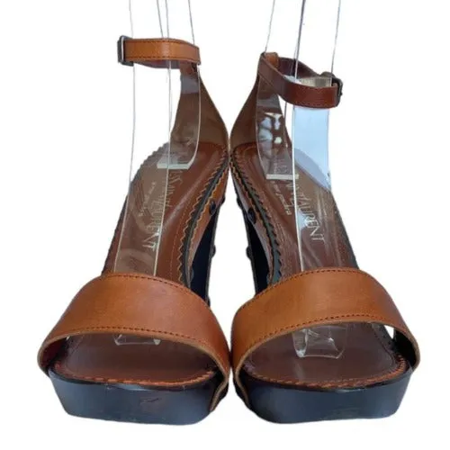 NEW YVES SAINT LAURENT Brown Leather, Studded, Ankle Strap Wooden Sandal Size 37