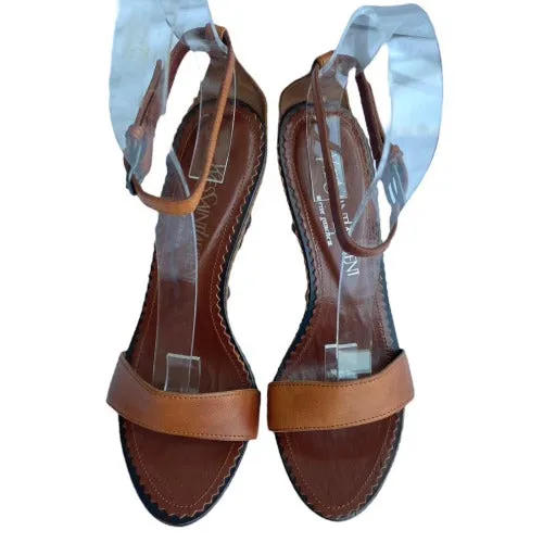NEW YVES SAINT LAURENT Brown Leather, Studded, Ankle Strap Wooden Sandal Size 37
