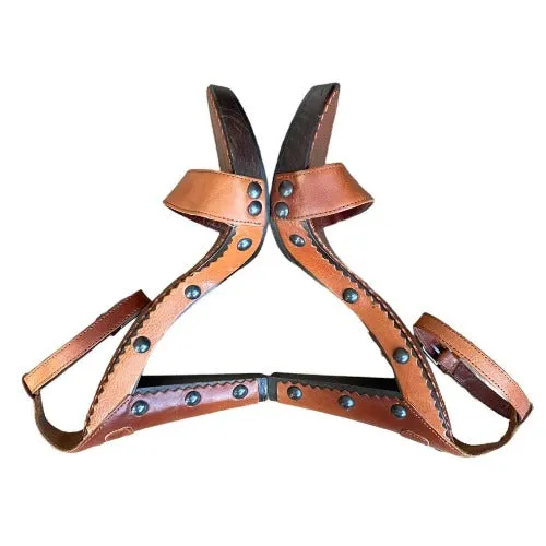 NEW YVES SAINT LAURENT Brown Leather, Studded, Ankle Strap Wooden Sandal Size 37