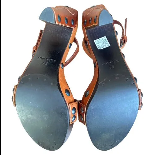 NEW YVES SAINT LAURENT Brown Leather, Studded, Ankle Strap Wooden Sandal Size 37
