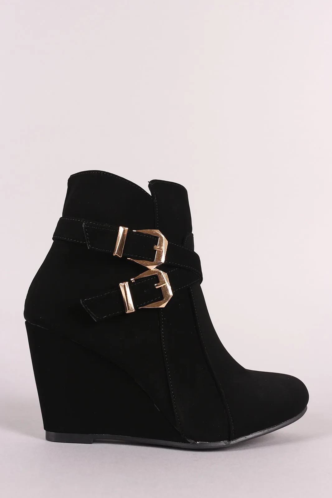 Nubuck Double Buckle Wedge Booties