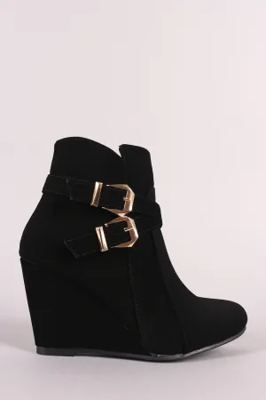 Nubuck Double Buckle Wedge Booties