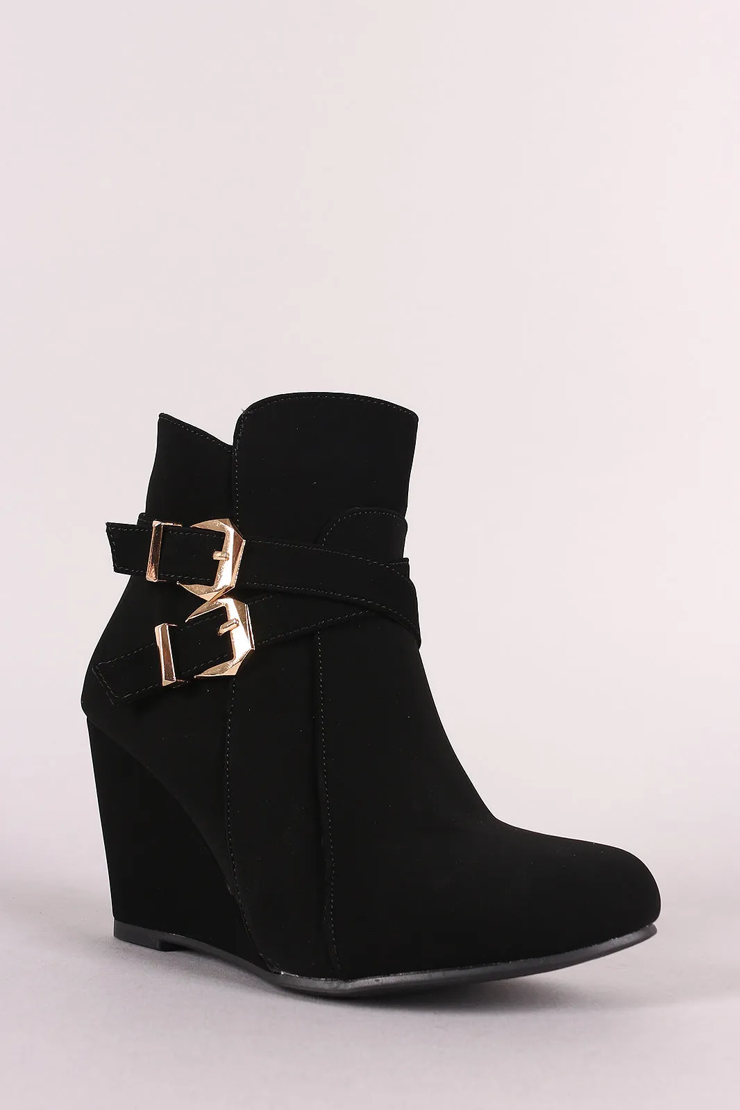 Nubuck Double Buckle Wedge Booties