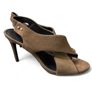 Olive Green Suede Crossover Slingback Stiletto Heels with Gold Studs