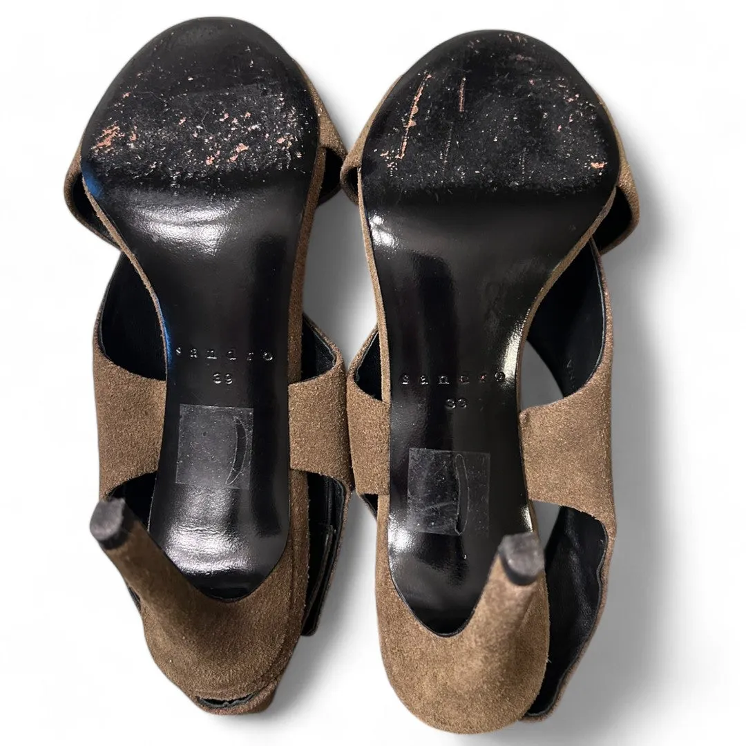 Olive Green Suede Crossover Slingback Stiletto Heels with Gold Studs
