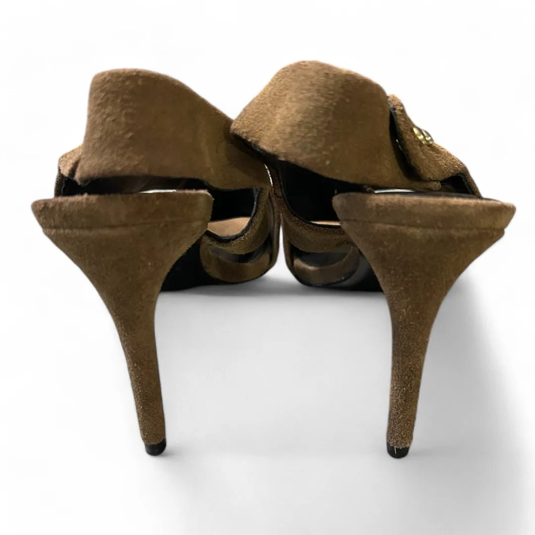 Olive Green Suede Crossover Slingback Stiletto Heels with Gold Studs