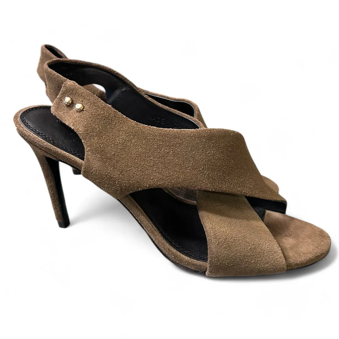Olive Green Suede Crossover Slingback Stiletto Heels with Gold Studs
