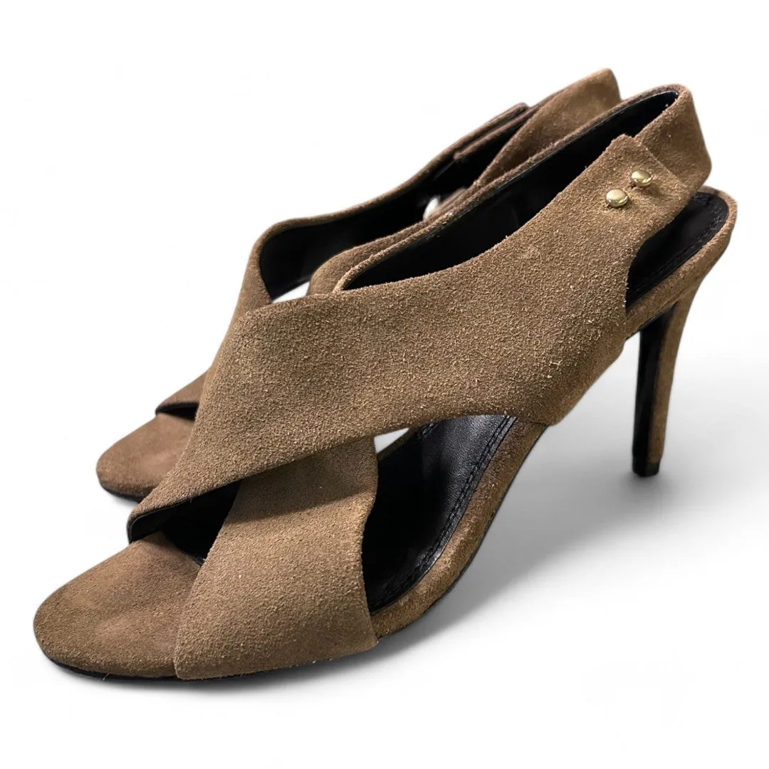 Olive Green Suede Crossover Slingback Stiletto Heels with Gold Studs